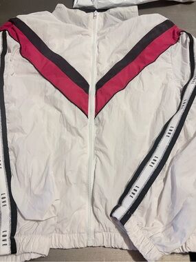 Women's White Bomber Jacket with Pink & Black Chevron Detail